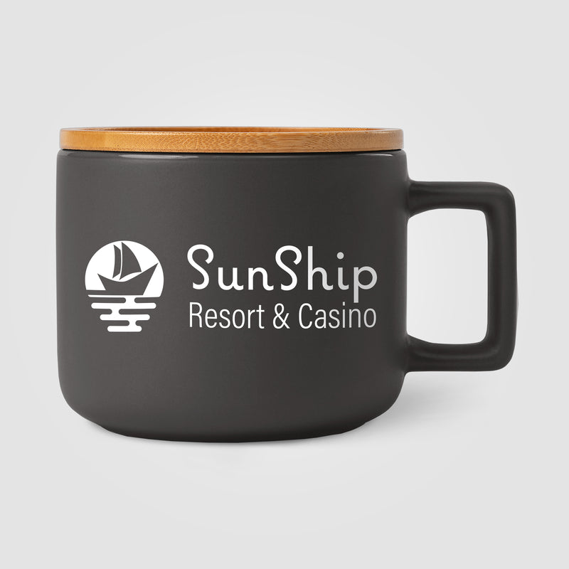 Café Virtuoso - 12 oz. Ceramic Mug with Bamboo Lid - Laser Engraved-zoom-