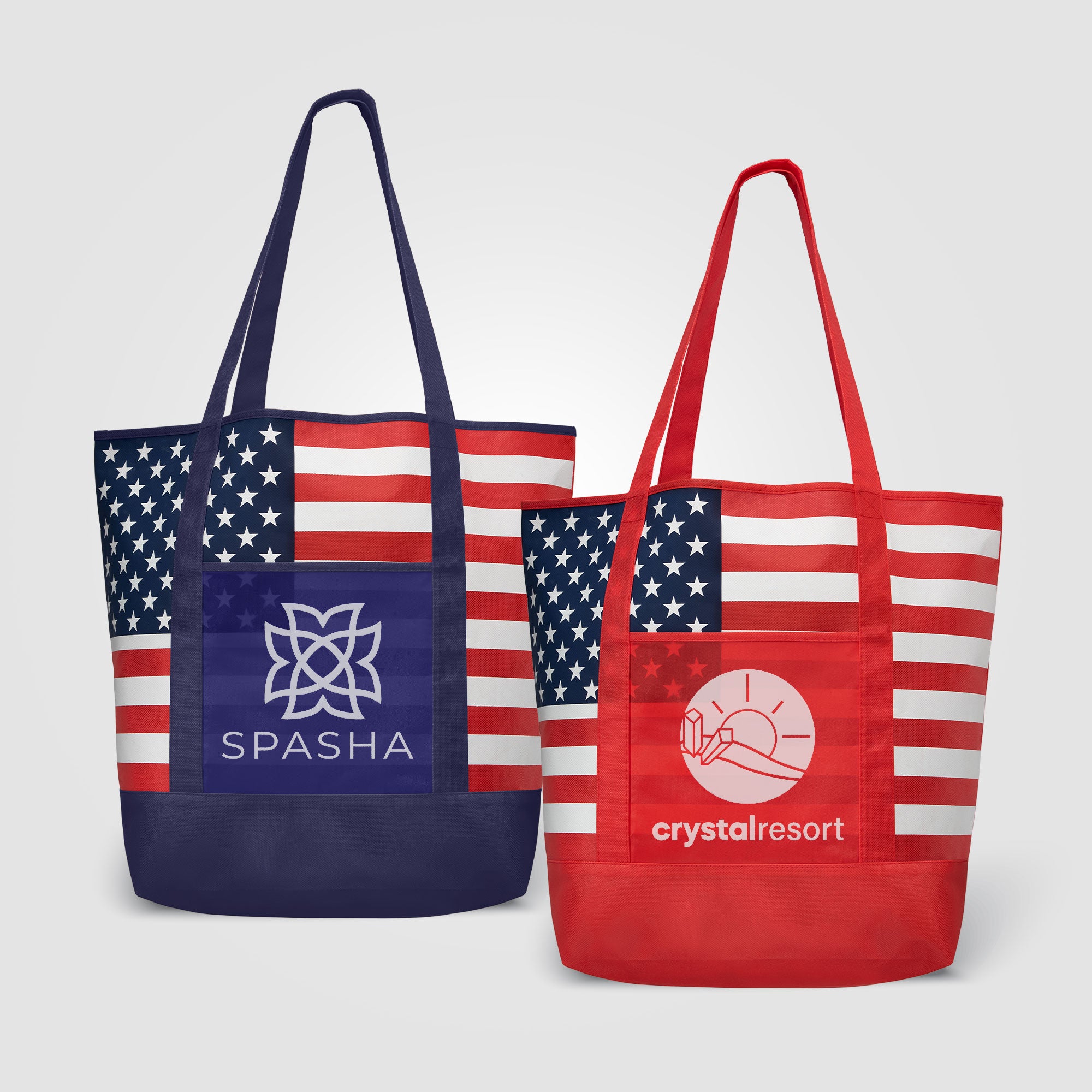 Image of the American Flag Non-Woven Tote Bag w/ 210D Pocket promotional product, SKU UFW.