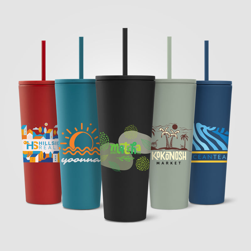 Spire - 24 oz Soft Touch Double Wall Recycled Plastic Tumbler w/ Straw - ColorJet-zoom-
